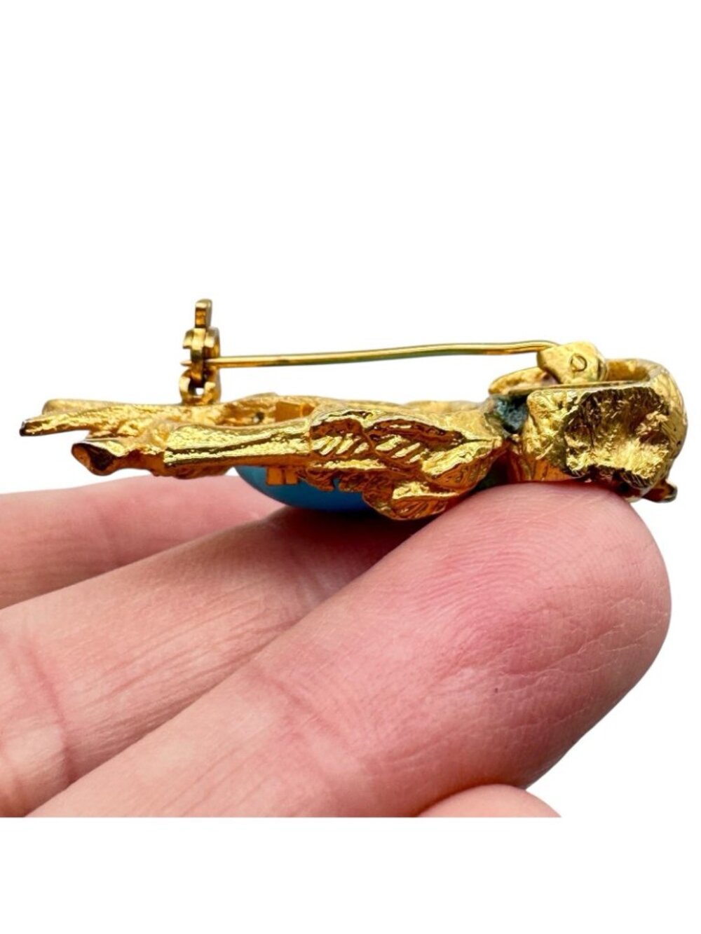 Vintage Bijoux Cascio Owl Brooch Gold-Tone Figural Blue Art Glass Belly Italy - Picture 4 of 9